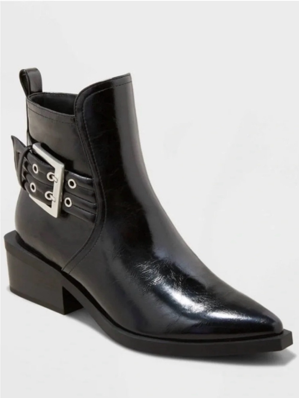 wild fable Black Shiny Pointed Ankle Boot with Silver Buckle